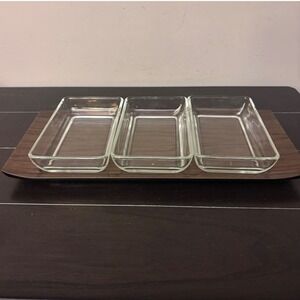 Vintage Pyrex Relish Set | Wood Grain Serving Tray | 3 Glass Inserts | MCM